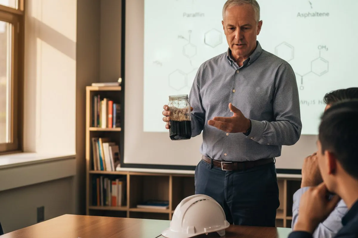 Instructor explaining a paraffin and asphaltene crude sample on the Paraffin and Asphaltene training course
