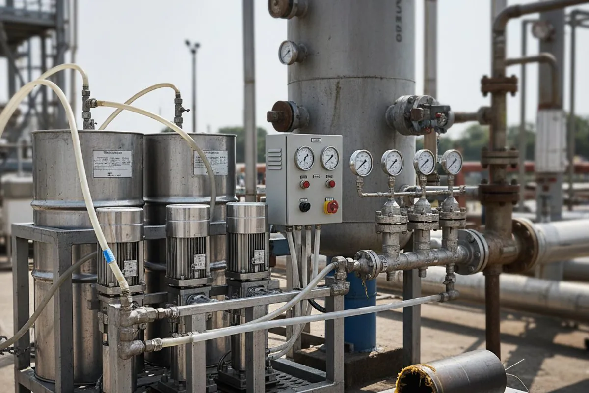 Chemical injection skid in operation at an oil and gas production facility, with stainless steel pumps, dosing lines and a wax deposit sample in the foreground