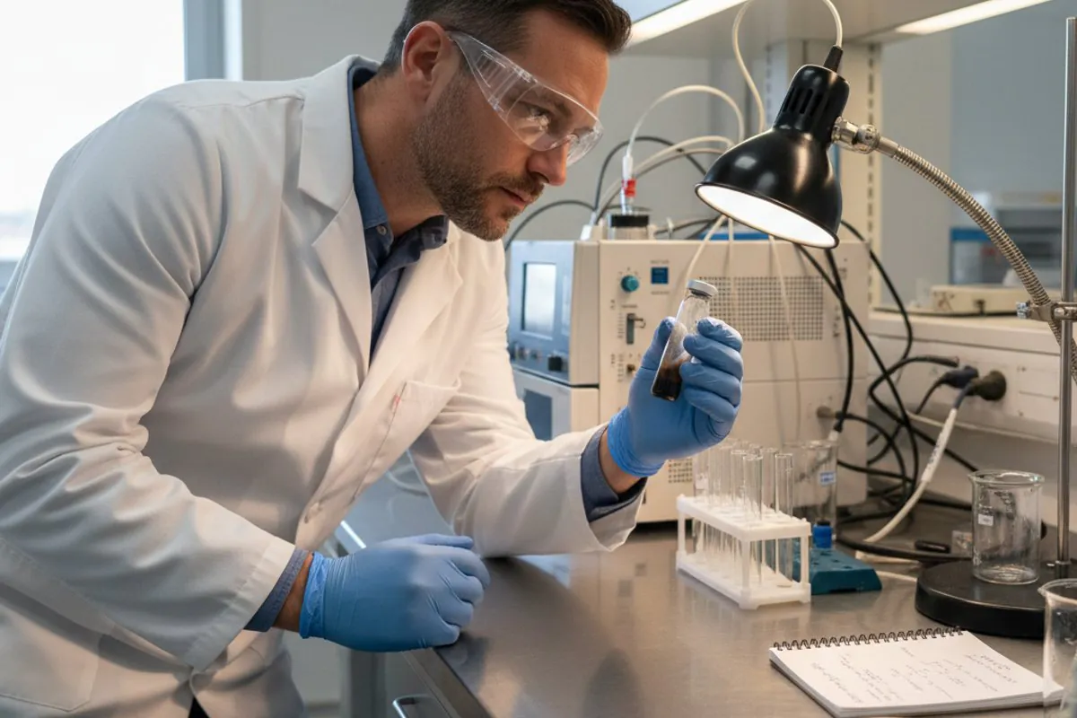 Production chemist analysing an asphaltene sample on a laboratory bench, with gas chromatograph and cloud-point test tubes visible
