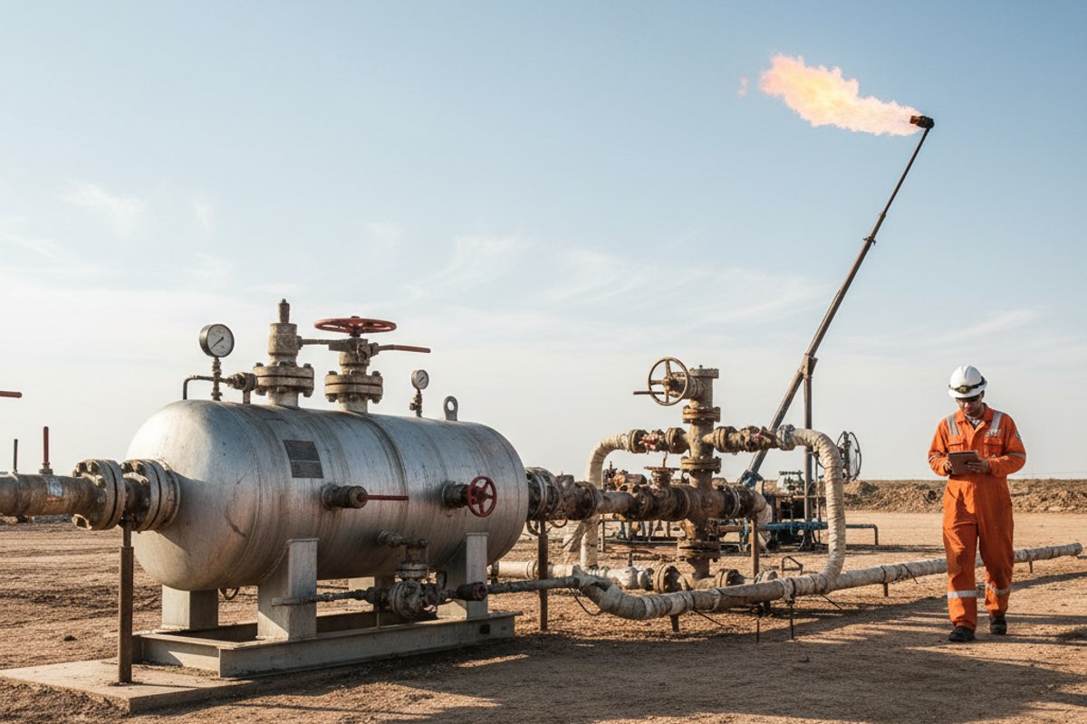 Surface well testing equipment in operation: three-phase test separator, choke manifold, and flare burner stack at an onshore wellsite
