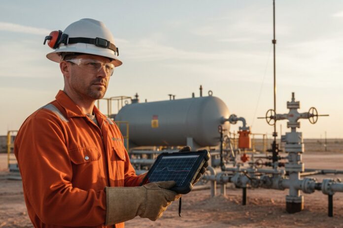 Photorealistic editorial photograph of a well testing engineer in his late thirties at a wellsite