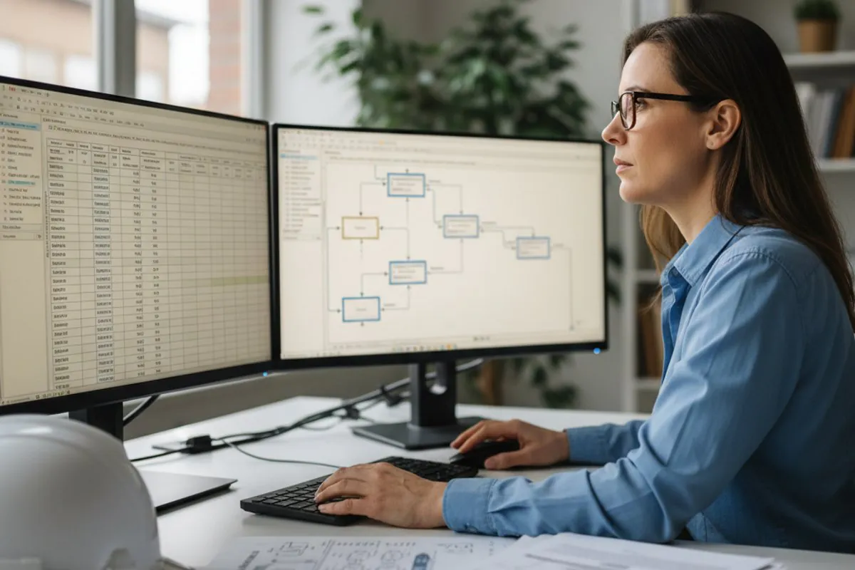 Reliability engineer reviewing equipment failure data and FMEA tables on the Principles for Reliability Engineering training course