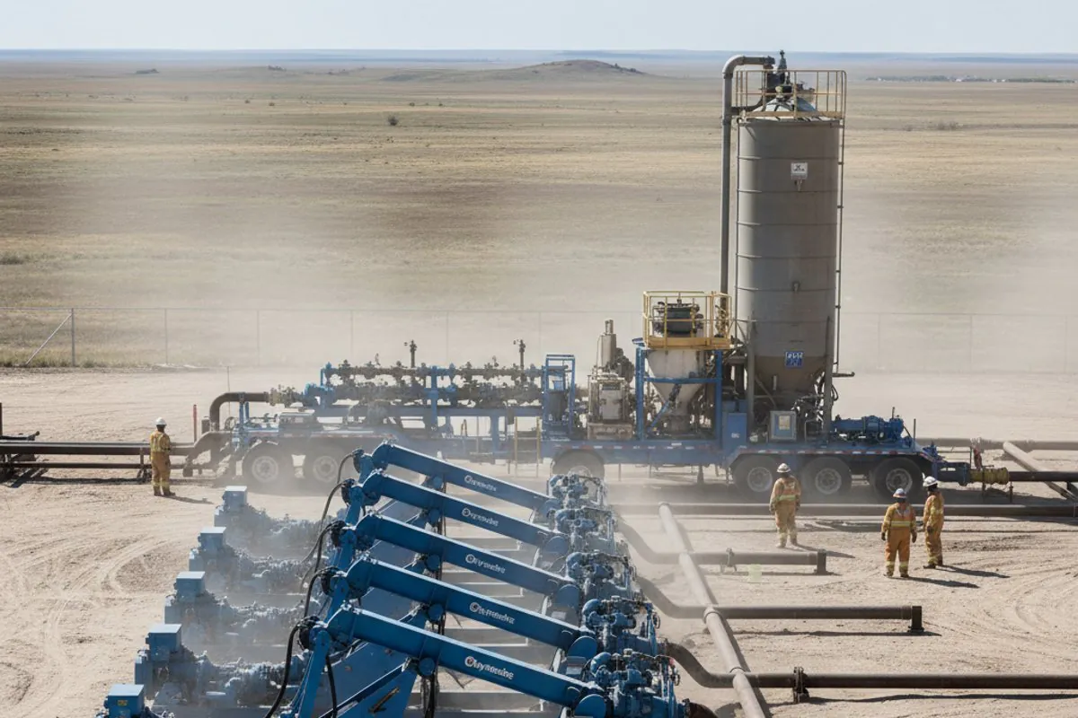 A wide-angle daytime shot of a hydraulic fracturing fleet rigged up on a North American well pad: a row of blue triplex