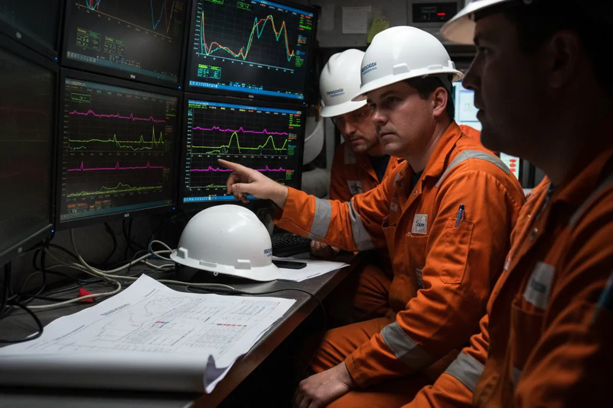 Inside a hydraulic fracturing data van during an active job: three engineers in white hard hats and orange fire-retardan