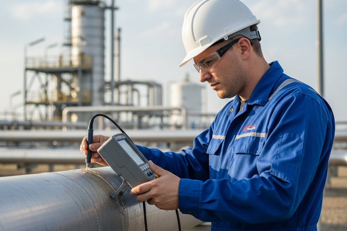 An inspection technician in white hard hat