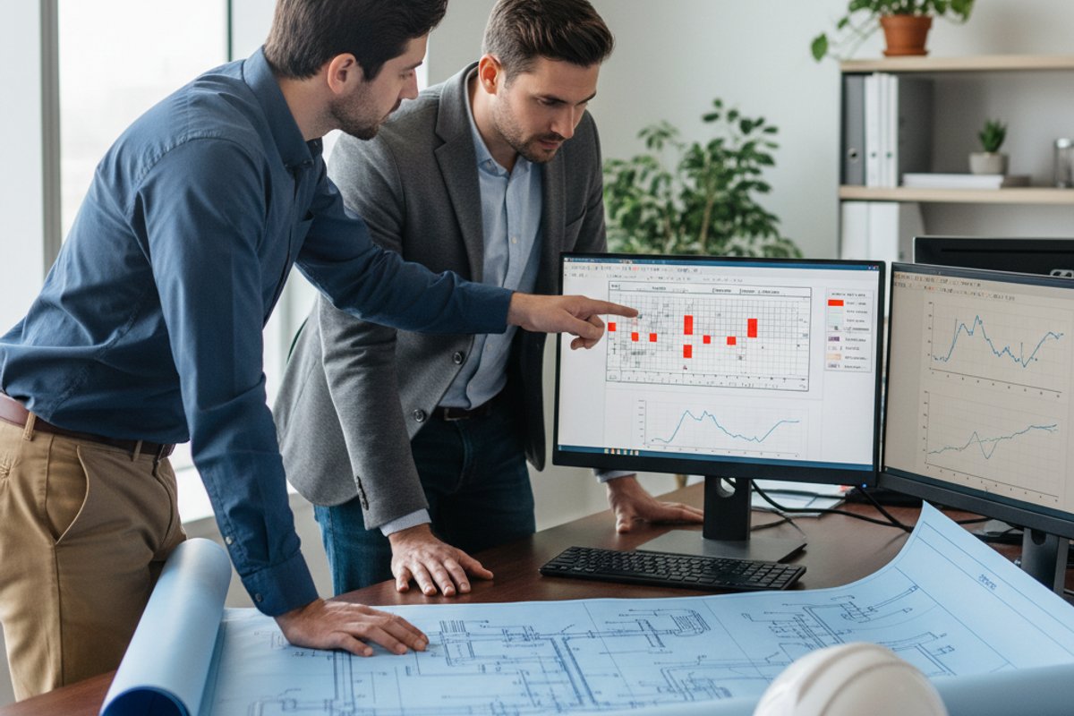 Two asset integrity engineers in business-casual attire around a desk in an integrity-management office