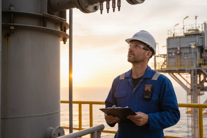 An asset integrity engineer in their late thirties on an offshore production platform at first light