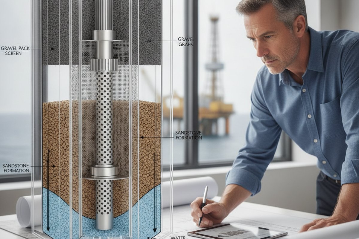 A cross-section technical diagram style view of a gravel pack completion in an offshore well — with screen assembly