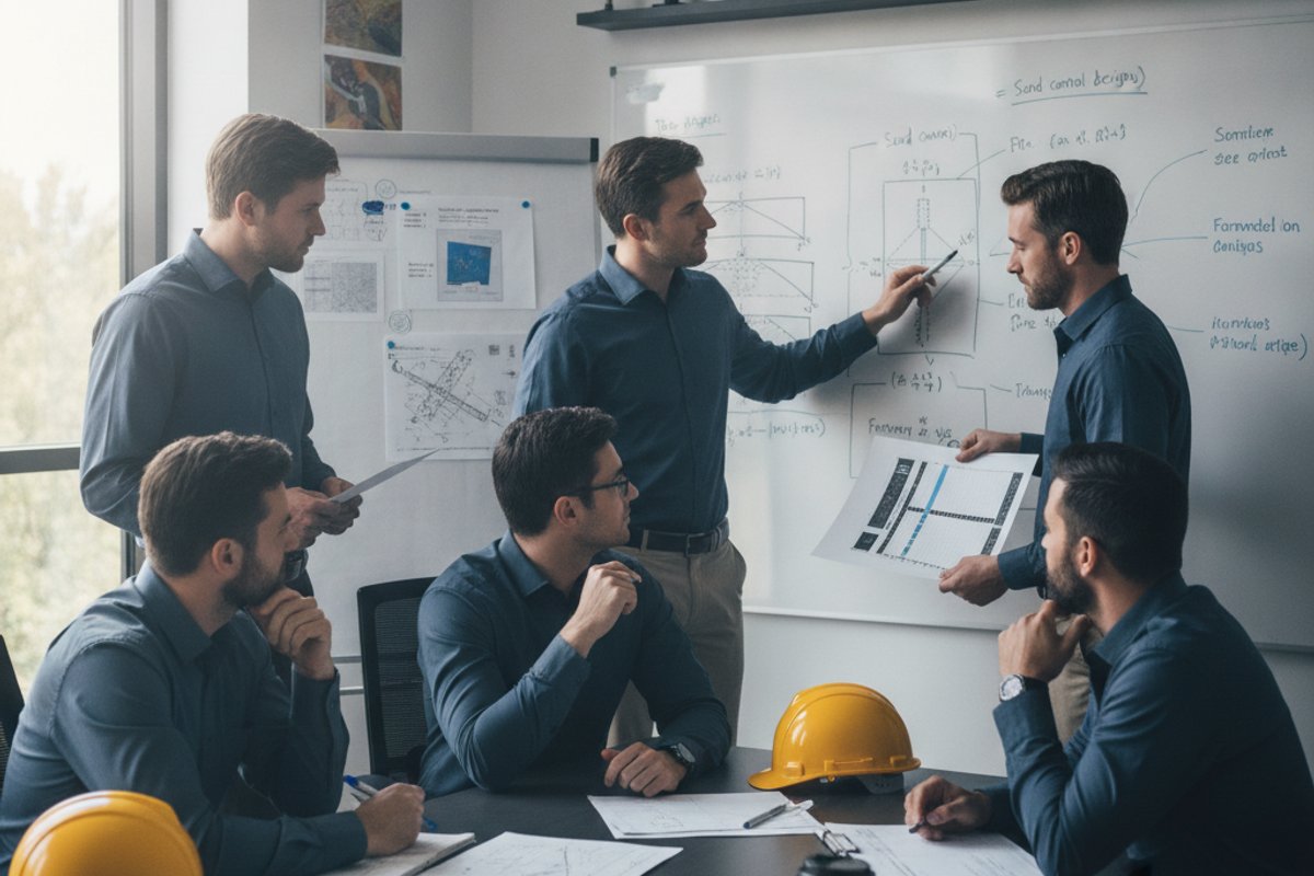 Oil and gas engineers at a technical planning meeting reviewing sand control completion design drawings and formation si
