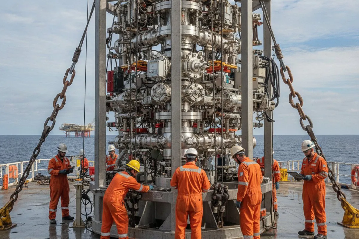 A subsea Christmas tree (wet tree) being prepared on an offshore vessel deck for deployment