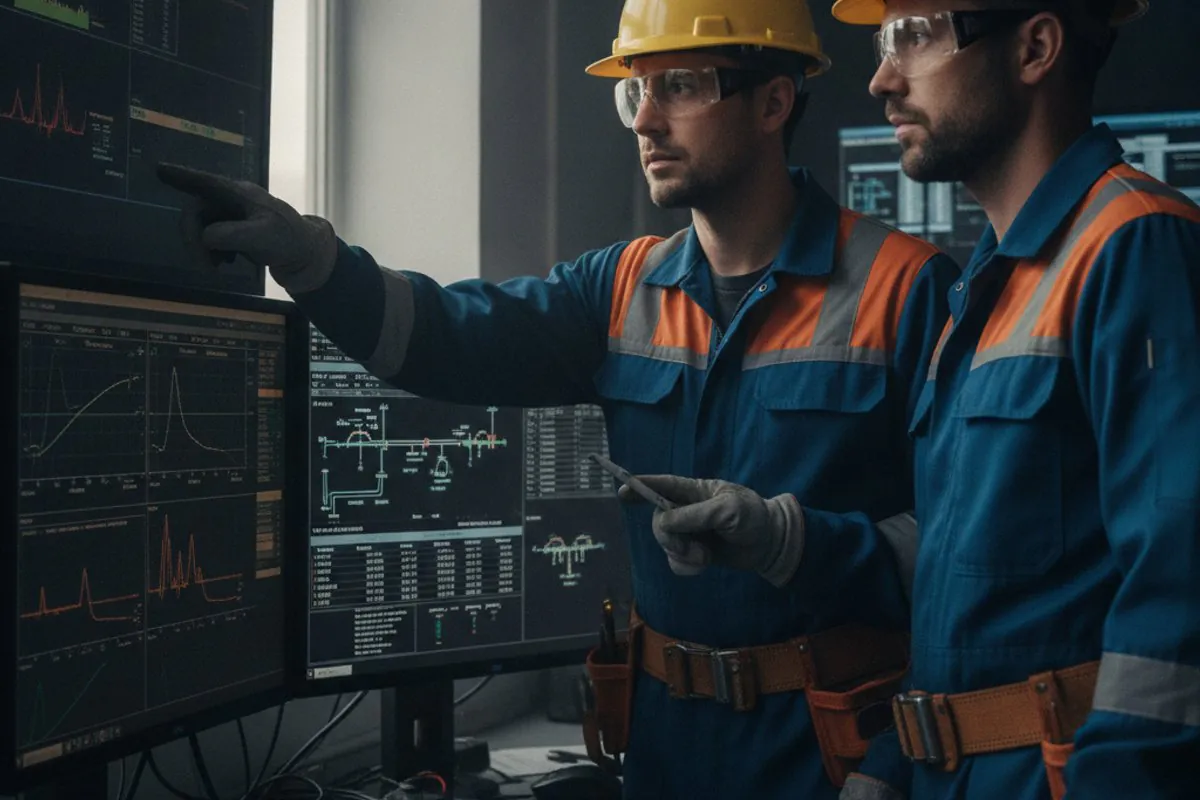 Two subsea production engineers in hard hats reviewing derivative plots and production surveillance data on dual screens