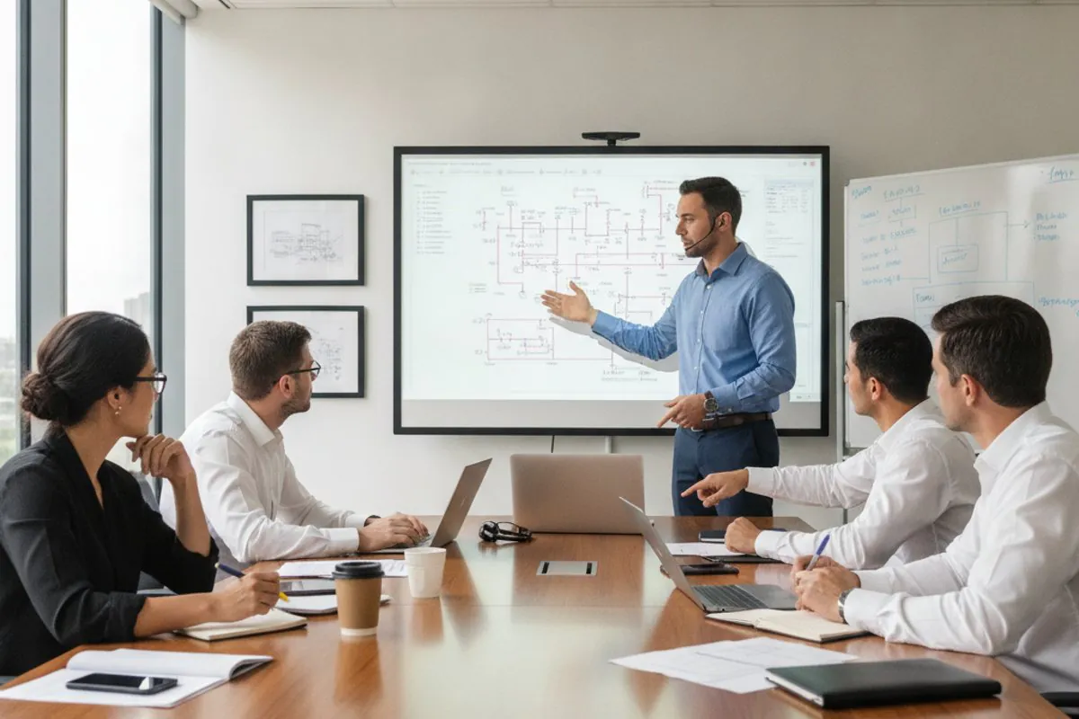 An HSE engineer facilitating a HAZOP (Hazard and Operability Study) session in a conference room