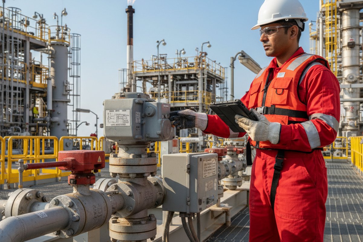 An HSE engineer on an offshore oil platform conducting a formal safety inspection