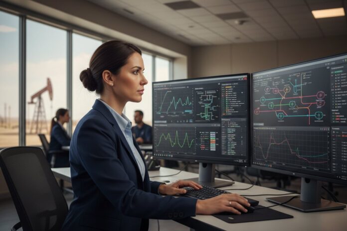 An oil and gas production optimisation engineer at a workstation in an onshore control room