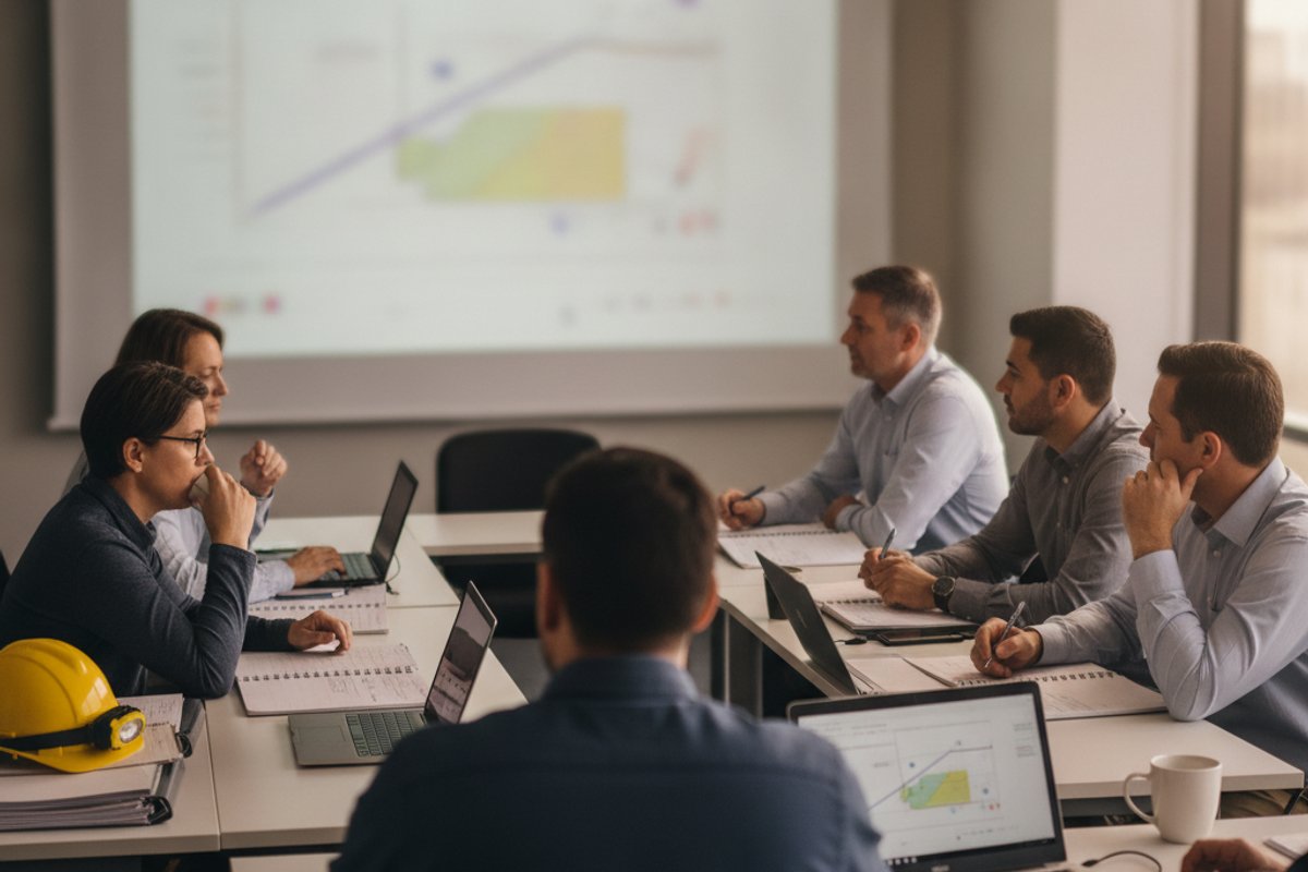 Working petroleum engineers in a five-day intensive training course reviewing a reservoir plot with an instructor