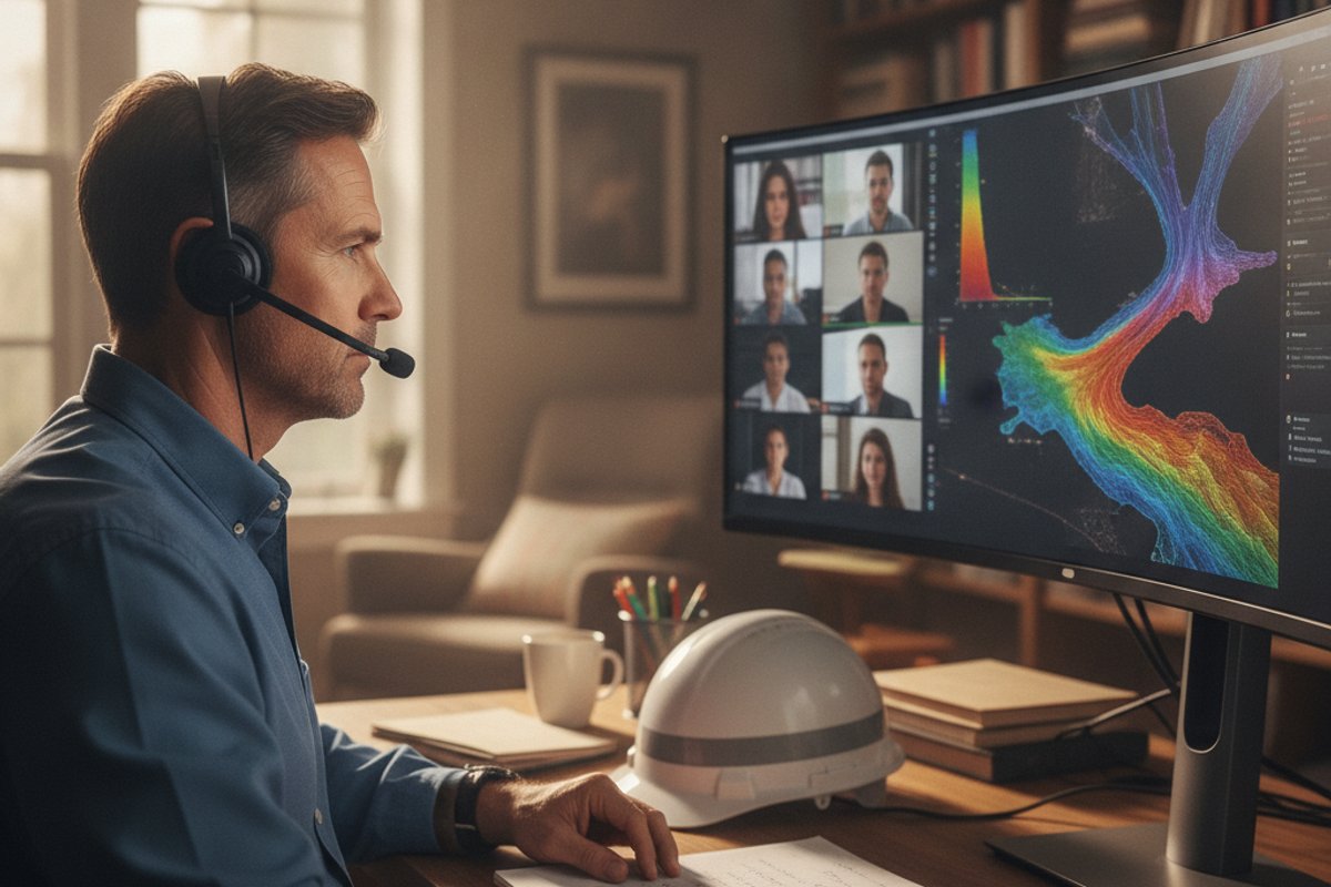 Petroleum engineer attending a live virtual oil and gas training course from an office desk