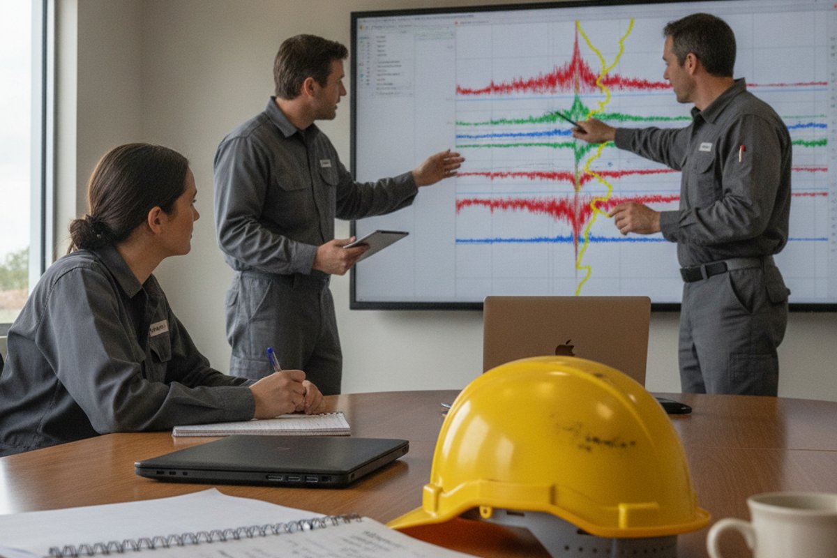 Subsurface specialists reviewing a migrated seismic section with picked horizons and faults on a wall-mounted screen