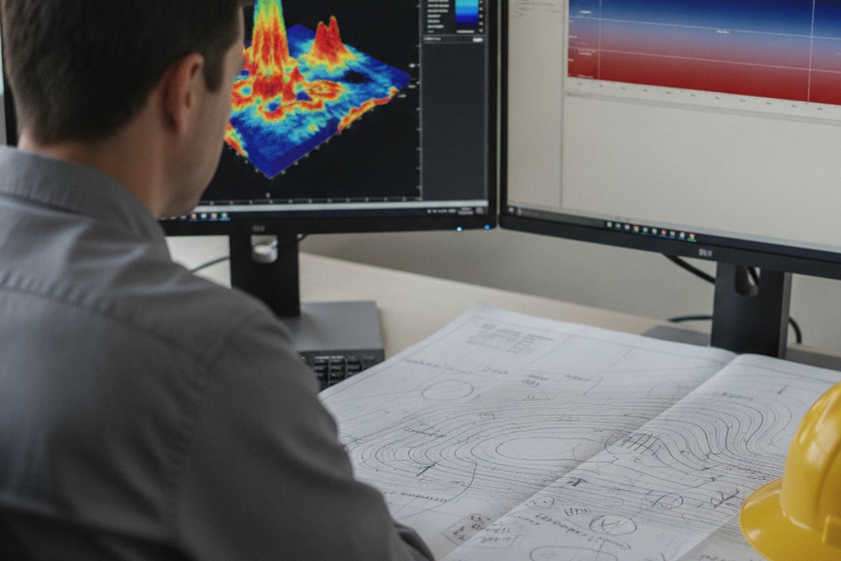 Geophysicist at a workstation with monitors showing a seismic amplitude volume and a velocity model cross-section