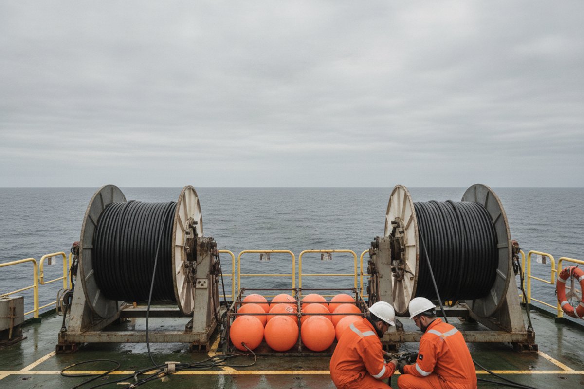 Offshore seismic survey vessel at sea with streamer reels and tail buoys on the stern deck