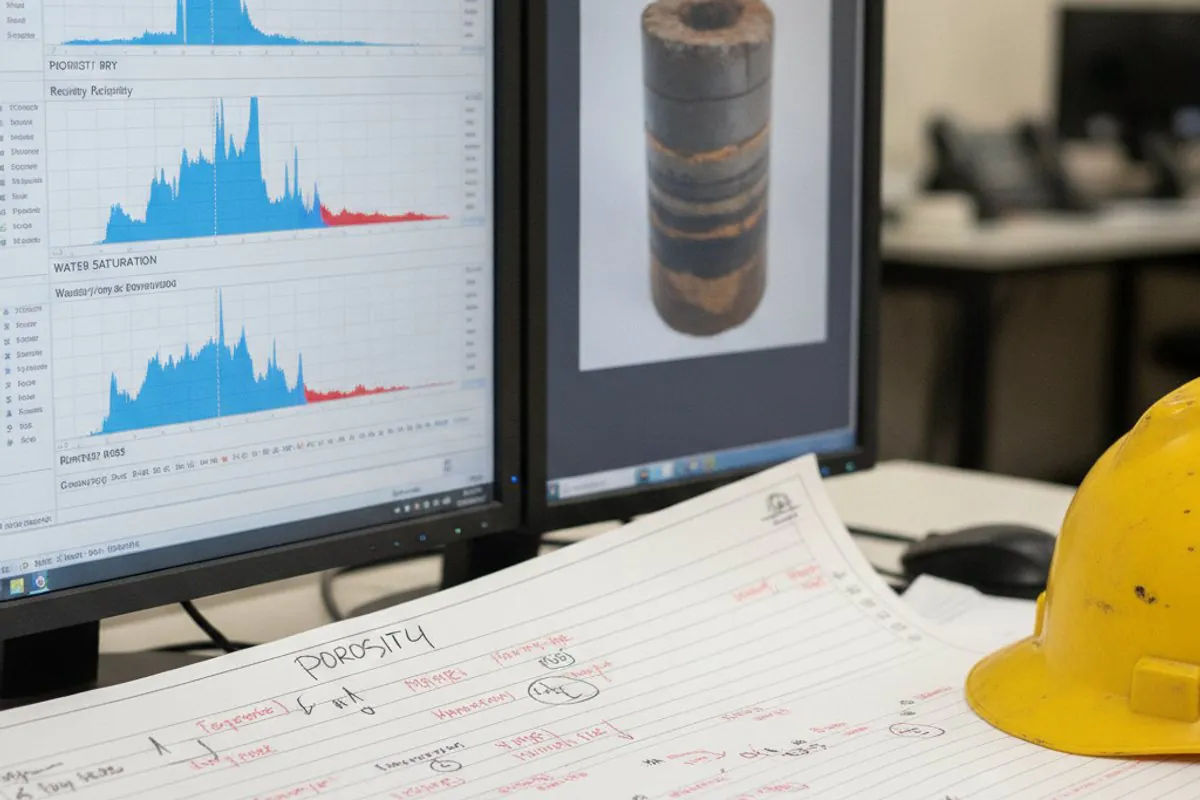 Petrophysicist workstation showing a composite log display with porosity and saturation tracks beside a core plug photograph