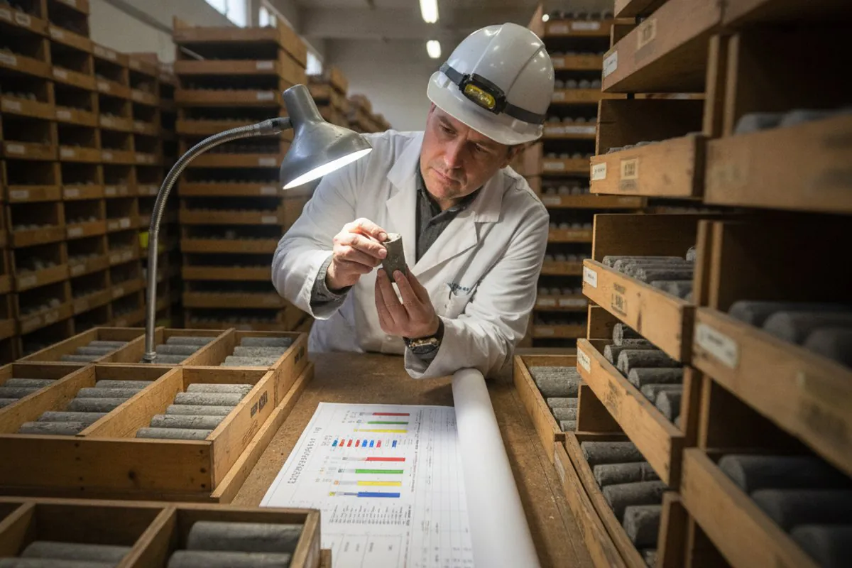 Core sample boxes in a core store with a geoscientist examining a core plug alongside a printed well log