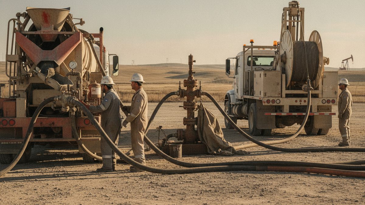 A cement unit and wireline logging truck positioned beside a land wellhead during abandonment operations