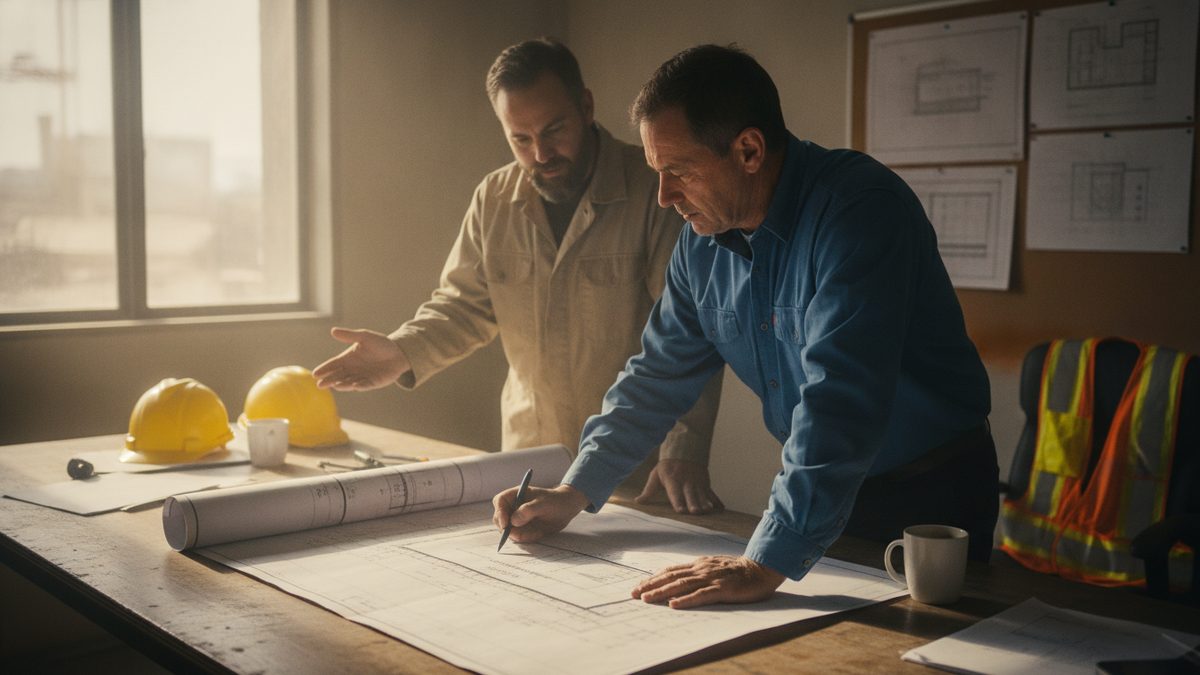 Two engineers in a site office reviewing a cement bond log printout and a well barrier schematic spread across a table